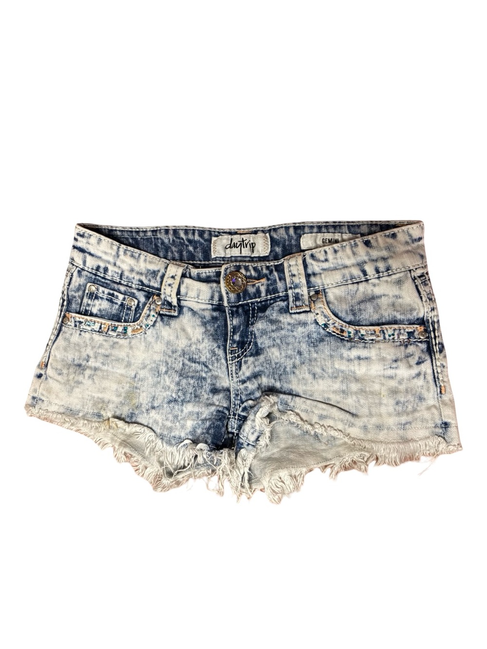 Daytrip Gemini Low Rise Acid Wash Bedazzled Shorts - Picture 2 of 5